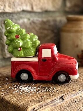 Christmas Salt Pepper Shakers Vintage Farm Truck and Tree Hand Painted Ceramic